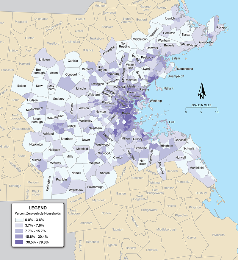 Figure 3a shows the percent of zero-vehicle households living in each Census tract in the Boston MPO region in 2010–14. 